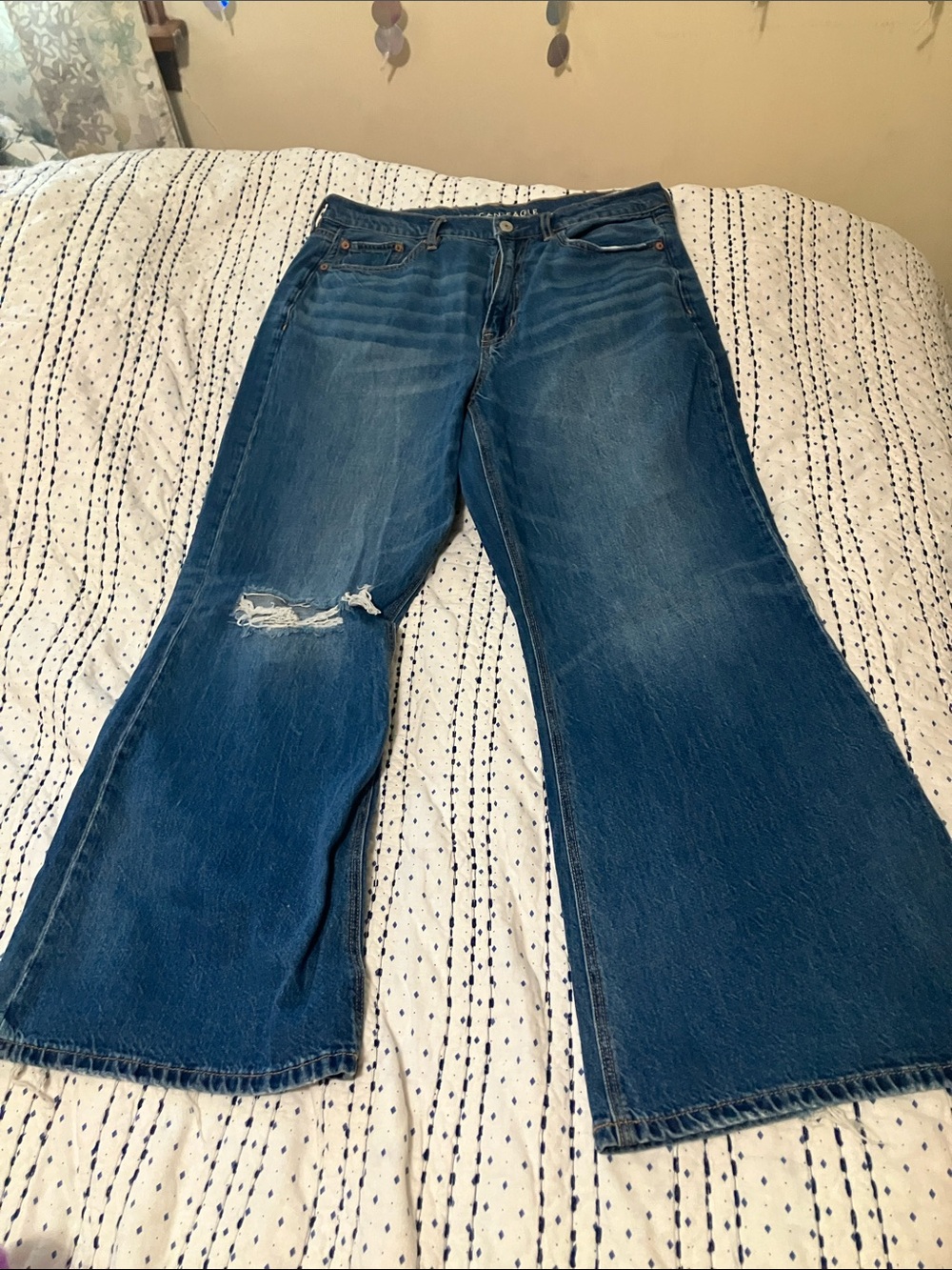 American Eagle Outfitters Distressed Dark Blue Wide Leg Jeans